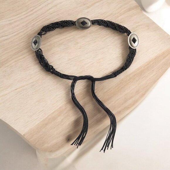 Vintage black crochet and silver concho tie belt womens one size boho southwest